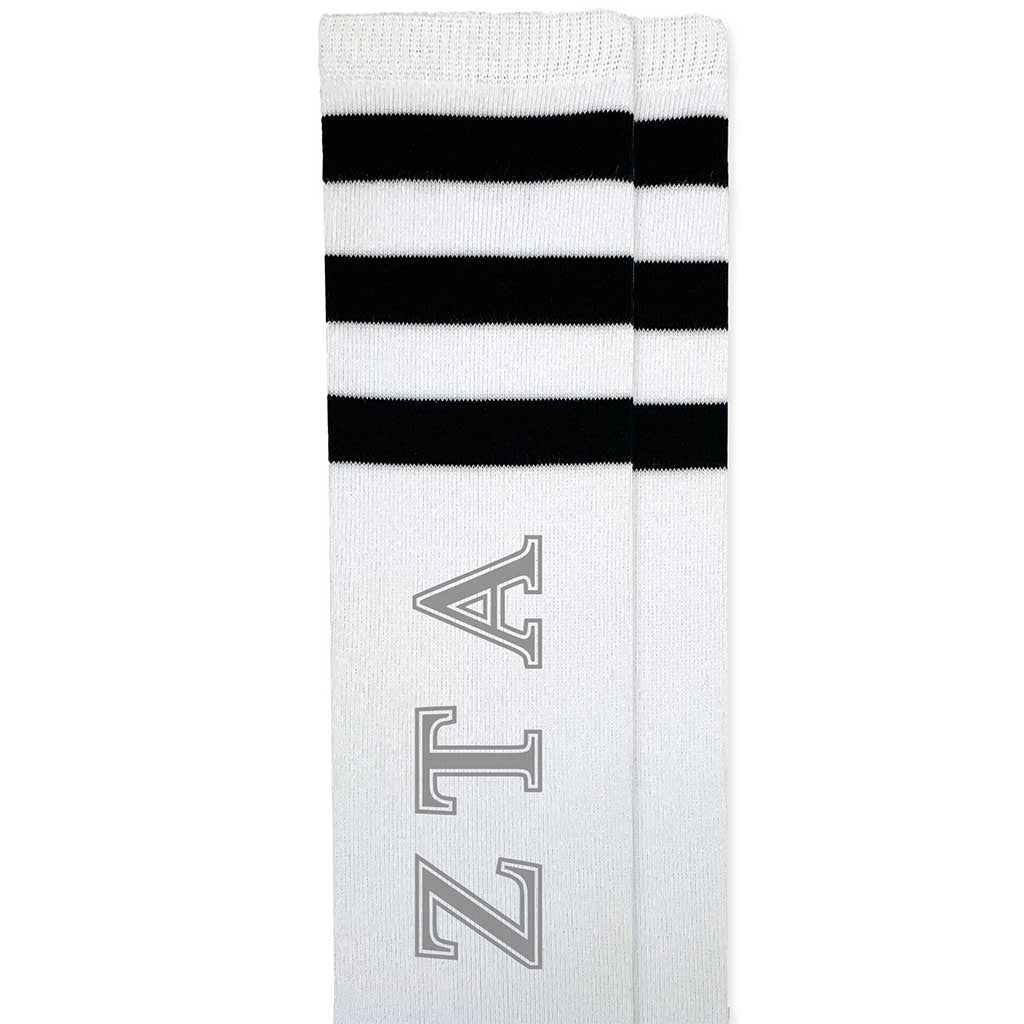 Zeta Tau Alpha sorority letters custom printed on cotton black striped knee high socks
