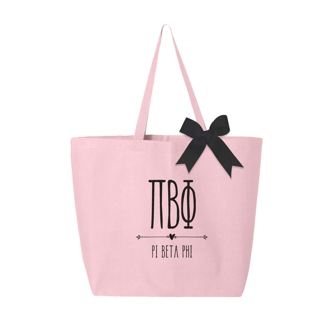 Pi Beta Phi sorority letters and name custom printed on pink canvas tote bag with black bow