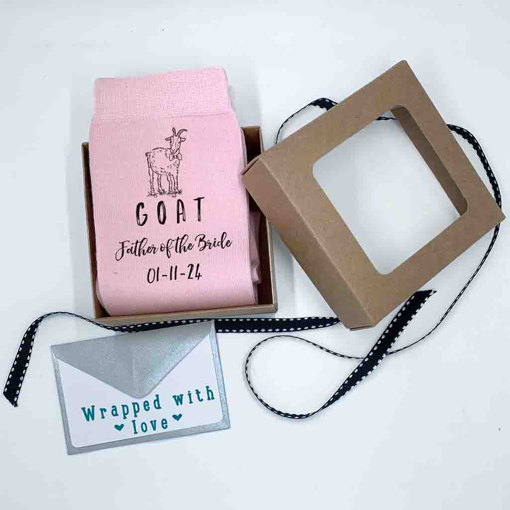 Fun personalized blush wedding socks for the father of the bride with exclusive gift wrap bundle included with purchase.