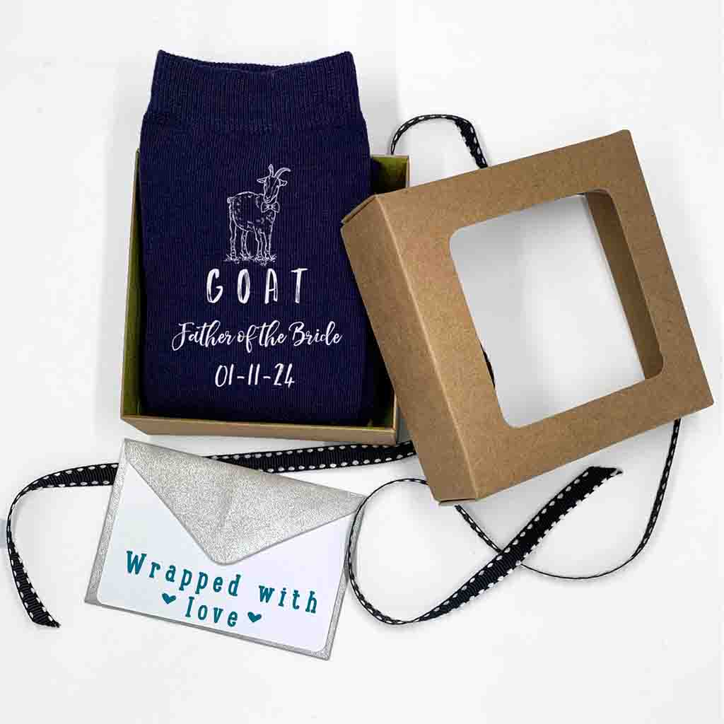 Fun personalized navy flat knit wedding socks for the father of the bride with exclusive gift wrap bundle included with purchase.