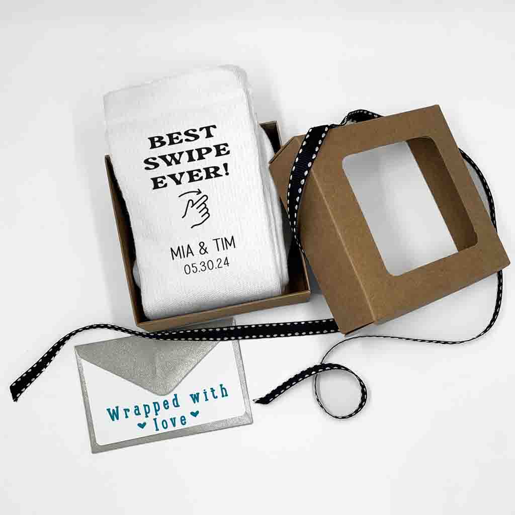 Best swipe ever personalized wedding socks with names and date with an exclusive gift wrap bundle included with purchase.