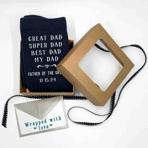 Black ribbed crew socks custom printed with father of the groom best dad design and personalized with your wedding date.