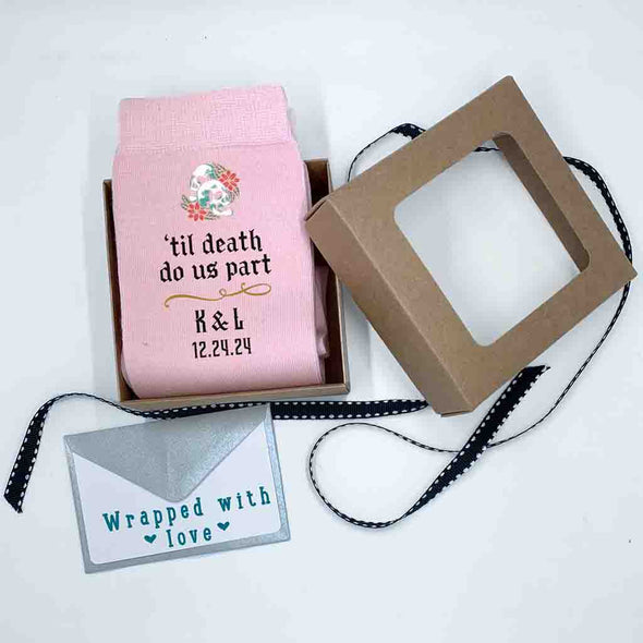 Personalized gothic wedding day socks for the goth groom with a gift wrapping set included with purchase.