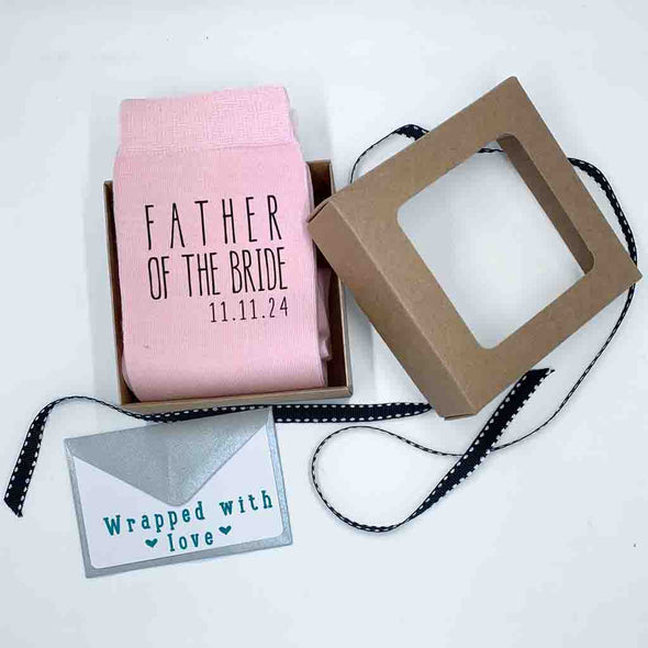 Father of the bride custom printed blush flat knit socks with exclusive gift wrap bundle digitally printed with a boho style design by sockprints.
