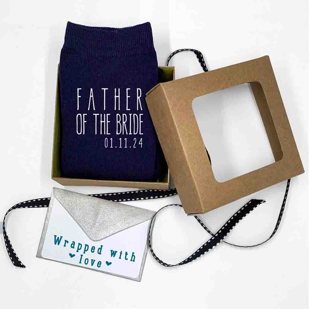 Custom navy flat knit wedding socks digitally printed in colored ink and personalized with your wedding date make a great gift for Dad on your wedding day.