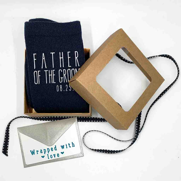 Personalized boho style black ribbed crew wedding socks for the father of the groom with exclusive gift wrap included with purchase.
