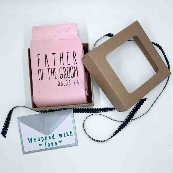 Personalized boho style blush flat knit wedding socks for the father of the groom with exclusive gift wrap included with purchase.