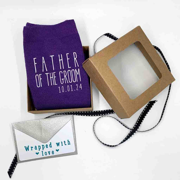 Personalized boho style purple flat knit wedding socks for the father of the groom with exclusive gift wrap included with purchase.