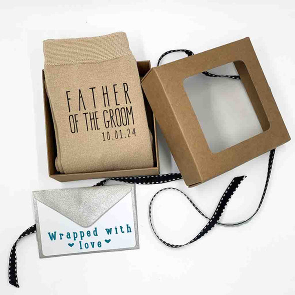 Personalized boho style tan flat knit wedding socks for the father of the groom with exclusive gift wrap included with purchase.