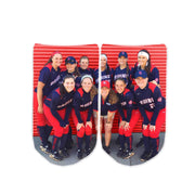 Custom printed baseball and softball photo digitally printed on a pair of no show socks.