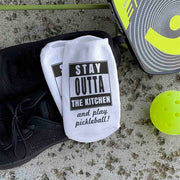 Stay outta the kitchen and play pickleball digitally printed on the top of the white cotton no show socks custom designed by sockprints.