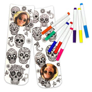Super cute sugar skull doodle design to color in with fabric markers included with purchase and custom printed with your photo.