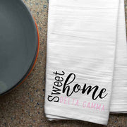 Affordable white cotton kitchen dish towel custom printed with Delta Gamma sweet home sorority design.