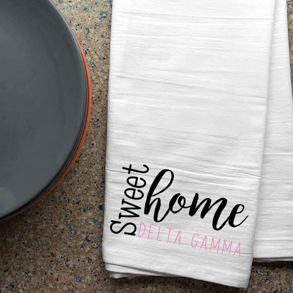 Affordable white cotton kitchen dish towel custom printed with Delta Gamma sweet home sorority design.