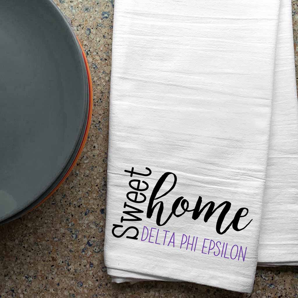Affordable white cotton kitchen dish towel custom printed with Delta Phi Epsilon sweet home sorority design.