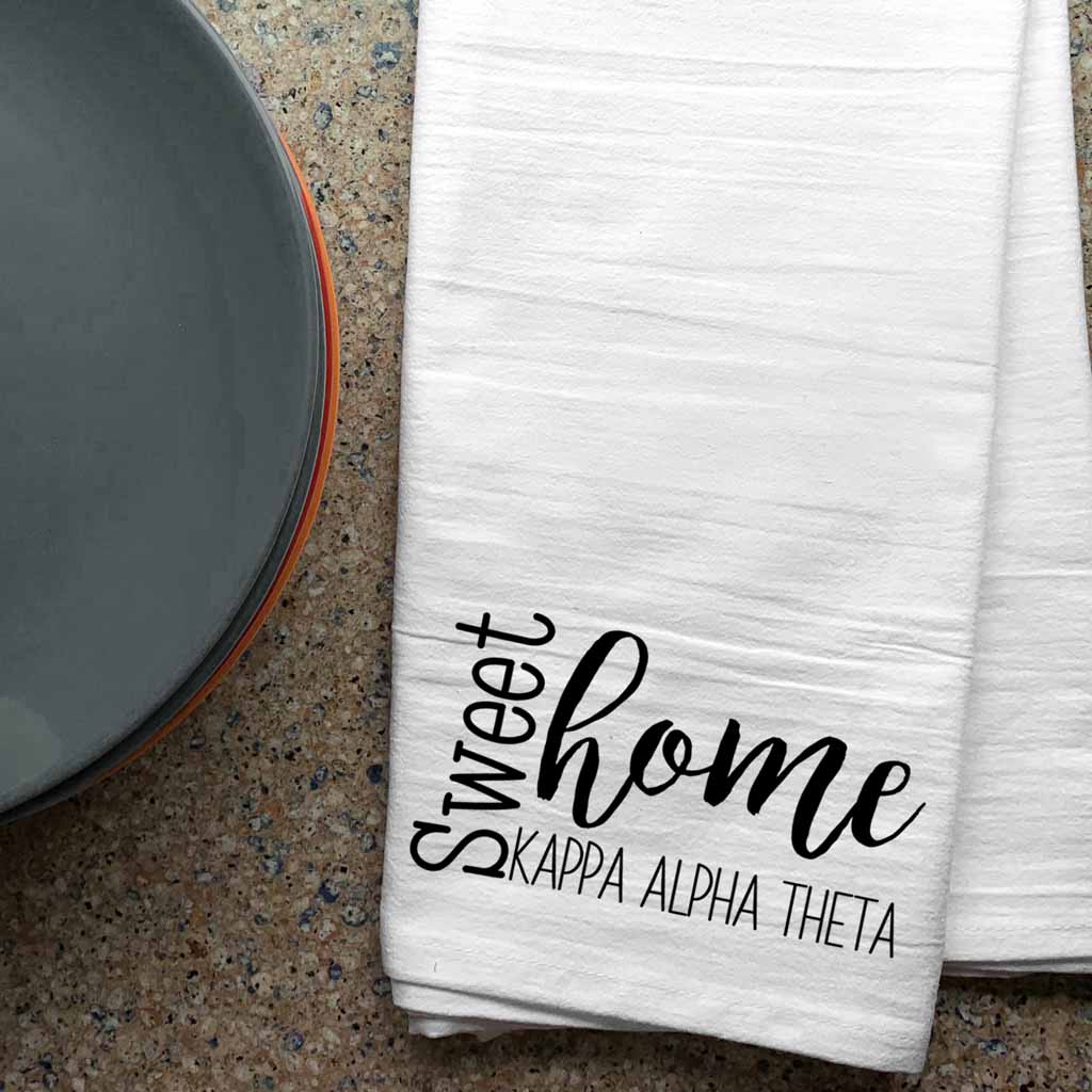 Affordable white cotton kitchen dish towel custom printed with Kappa Alpha Theta sweet home sorority design.