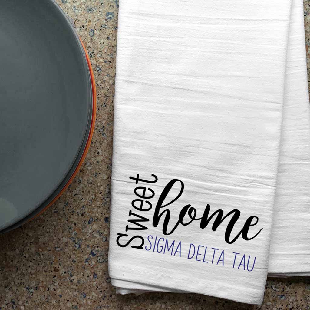 Affordable white cotton kitchen dish towel custom printed with Sigma Delta Tau sweet home sorority design.