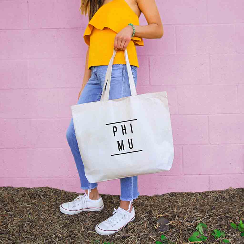 Phi Mu sorority tote bag with Phi Mu letters and name printed on the cotton canvas bag