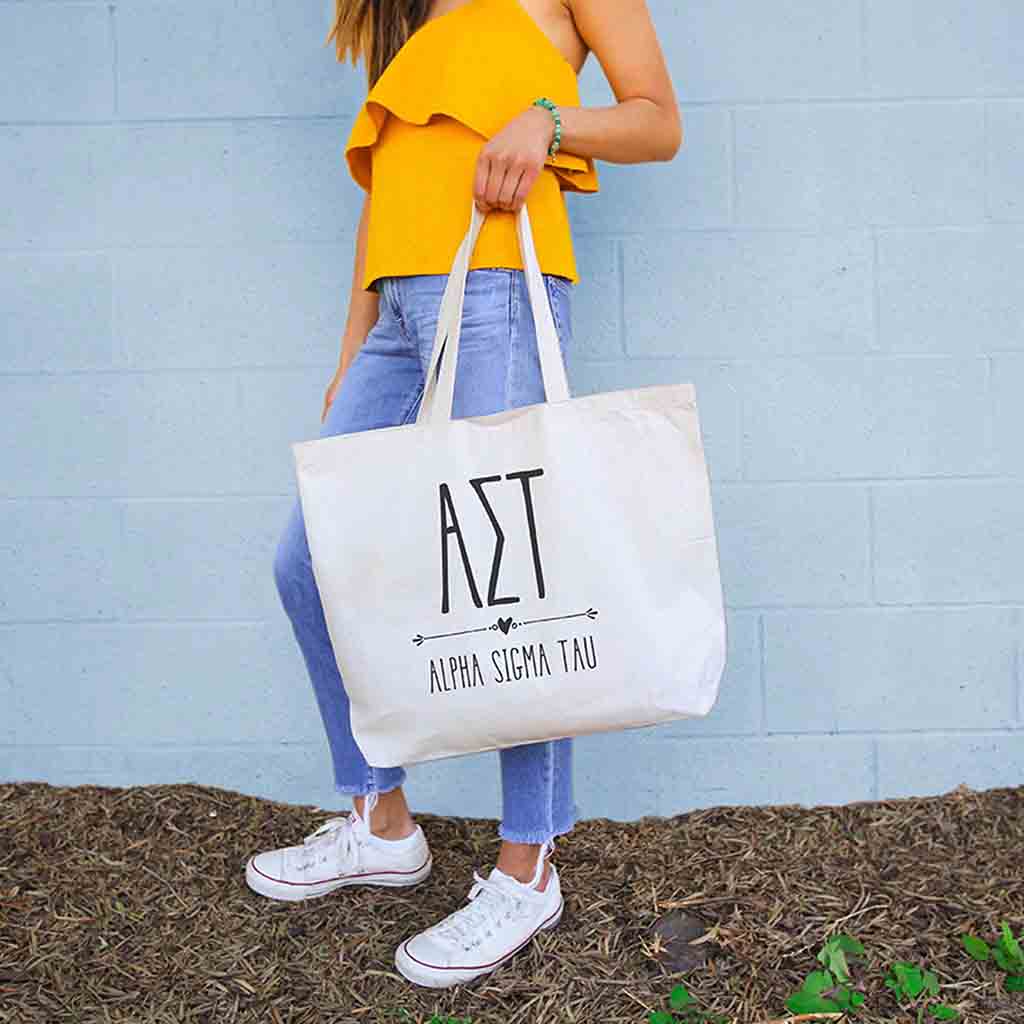 Alpha Sigma Tau sorority tote bag with Alpha Sig letters and name printed on the cotton canvas bag