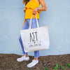 Alpha Sigma Tau sorority tote bag with Alpha Sig letters and name printed on the cotton canvas bag