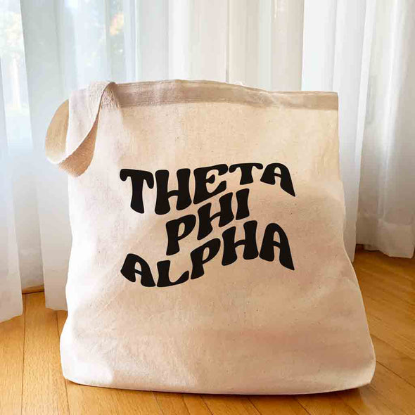 Theta Phi Alpha digitally printed simple mod design on roomy canvas sorority tote bag.