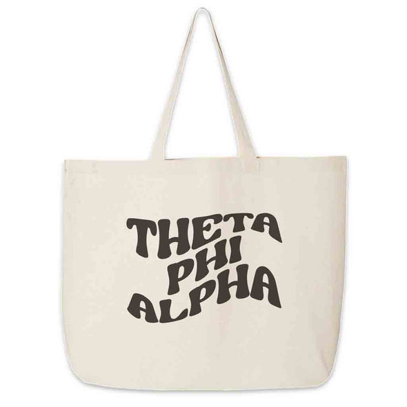 Theta Phi Alpha digitally printed simple mod design on roomy canvas sorority tote bag.