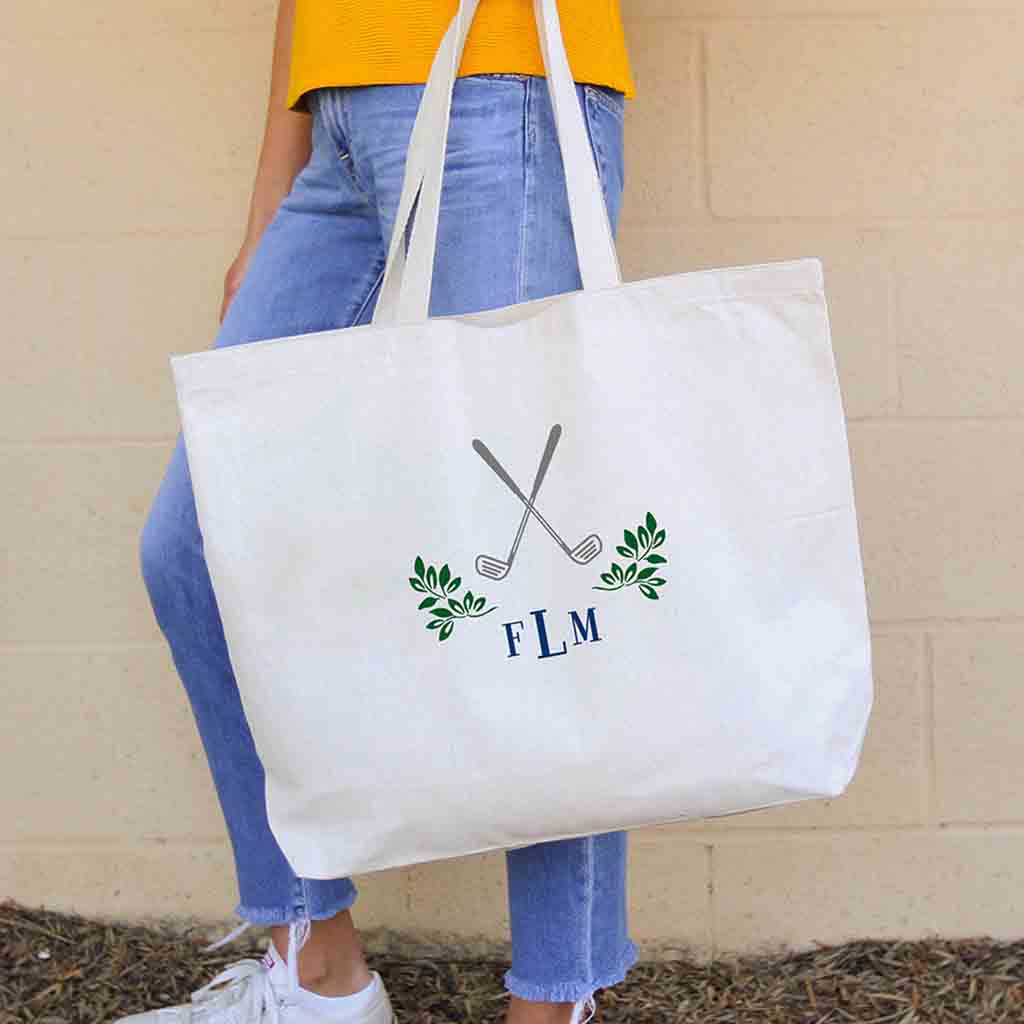 Custom printed canvas tote bag personalized with monogram initials and golf theme design.