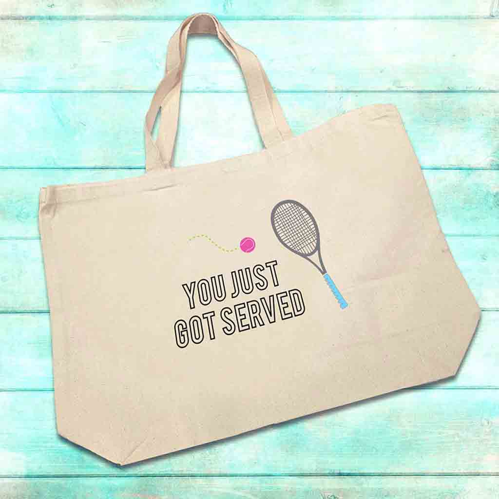 You just got served tennis racket design custom printed on canvas tote bag.