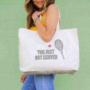 Canvas tote bag custom printed with you just got served tennis design.