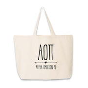 Sorority name and letters custom printed on canvas tote bag.