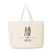 Alpha Phi sorority tote bag with A Phi letters and name printed on the cotton canvas bag