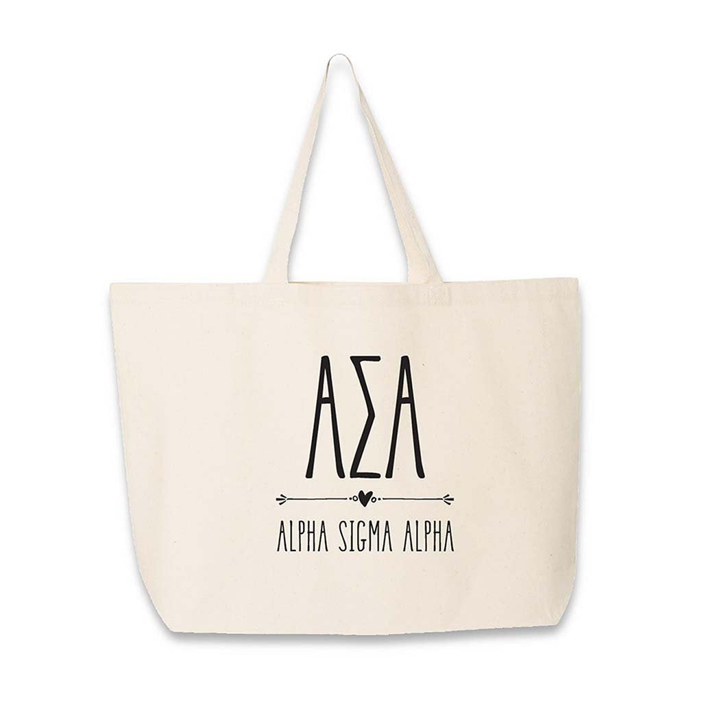 Sorority name and letters custom printed on canvas tote bag.