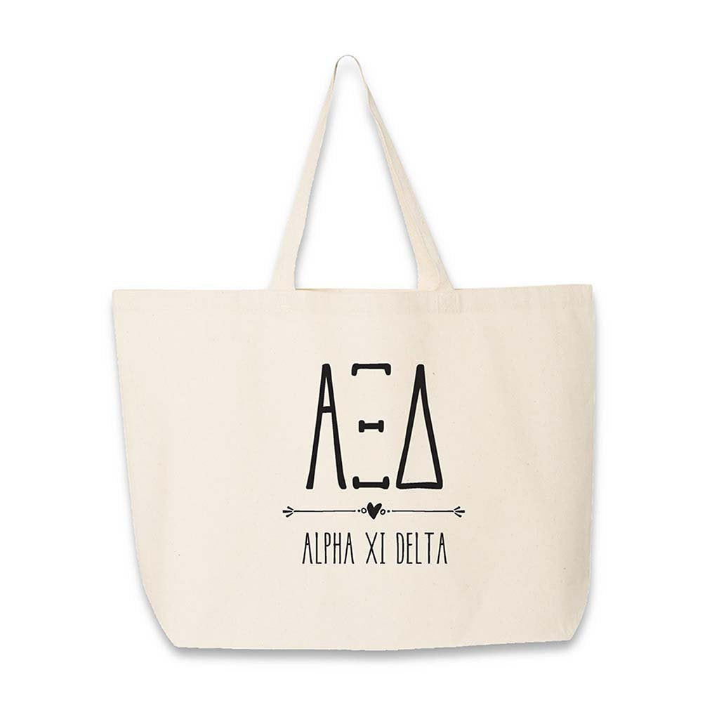 Sorority name and letters custom printed on canvas tote bag.