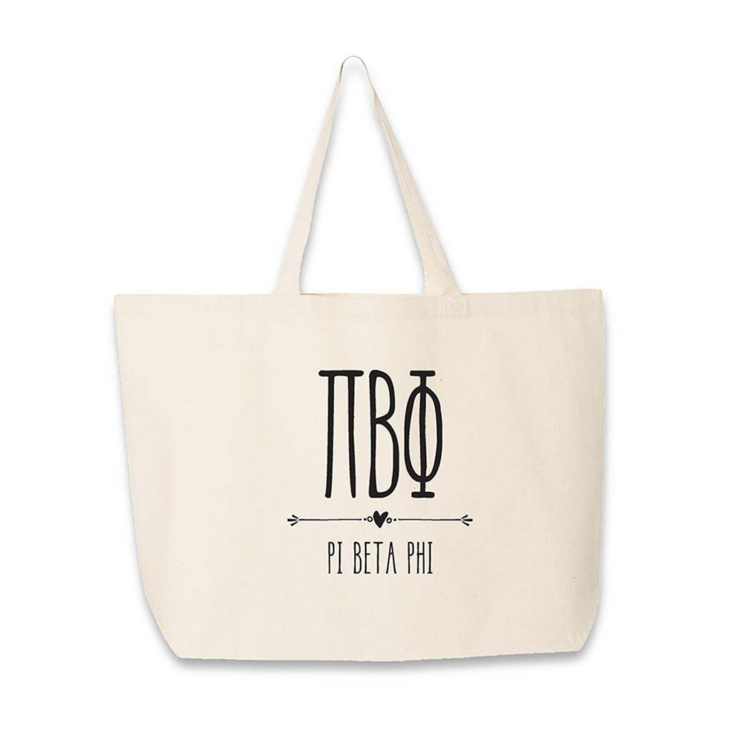 Pi Beta Phi sorority tote bag with Pi PHi letters and name printed on the cotton canvas bag