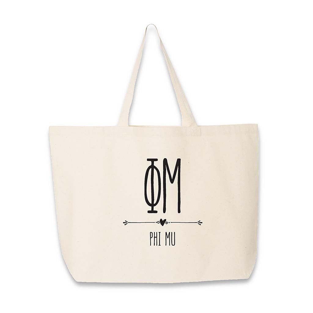 Phi Mu sorority tote bag with Phi Mu letters and name printed on the cotton canvas bag
