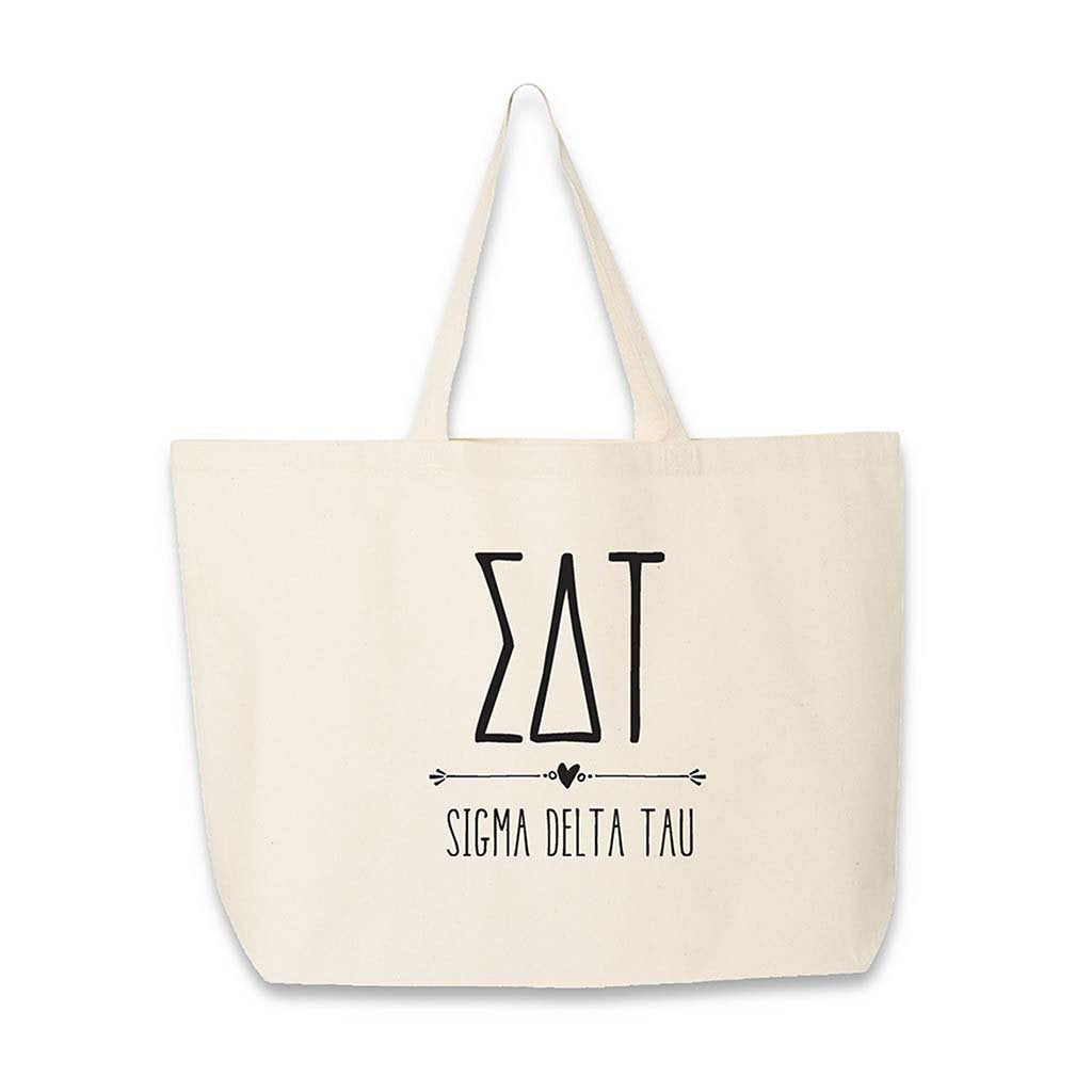 Sigma Delta Tau sorority name and initials custom printed on canvas tote bag.