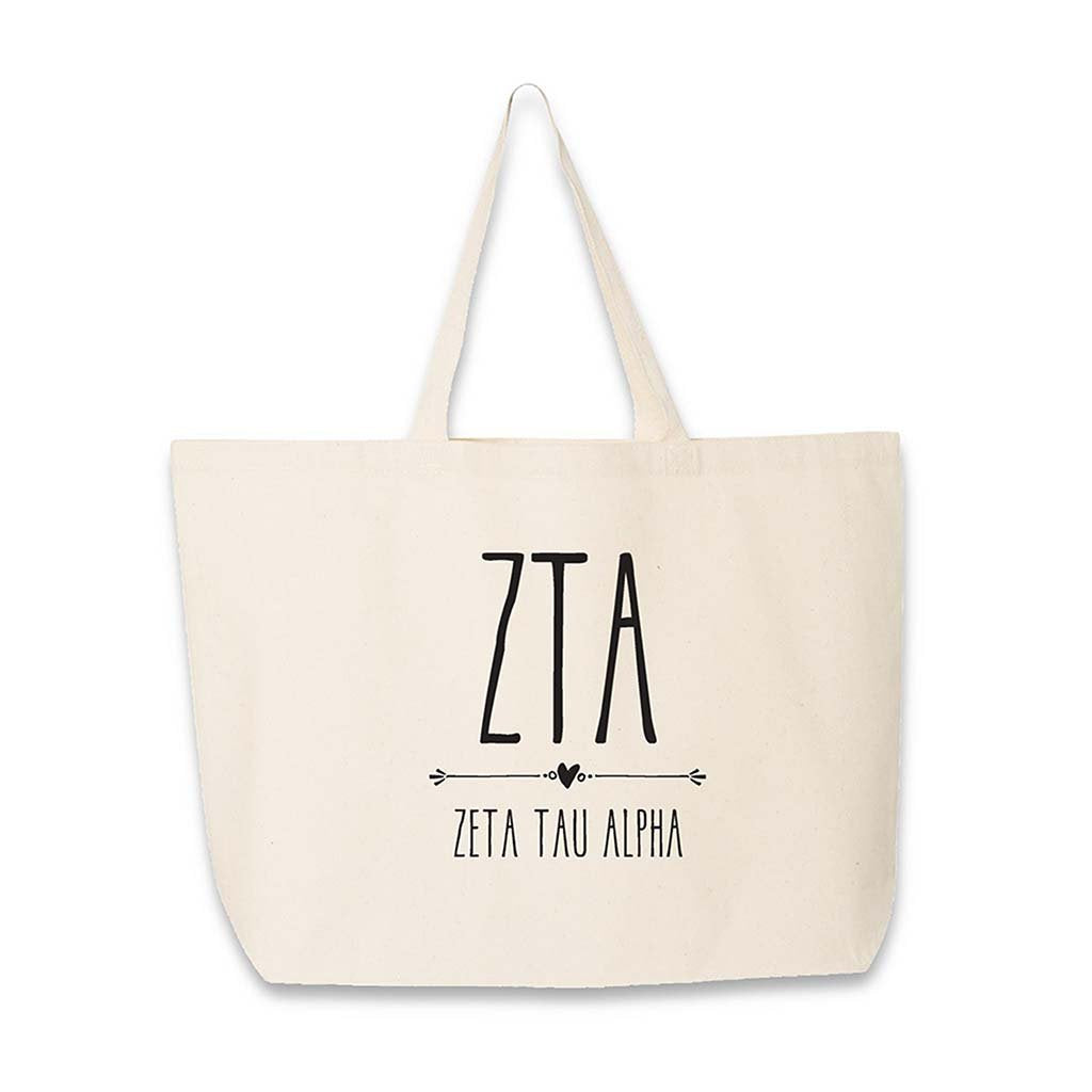 Sorority name and letters custom printed on canvas tote bag.