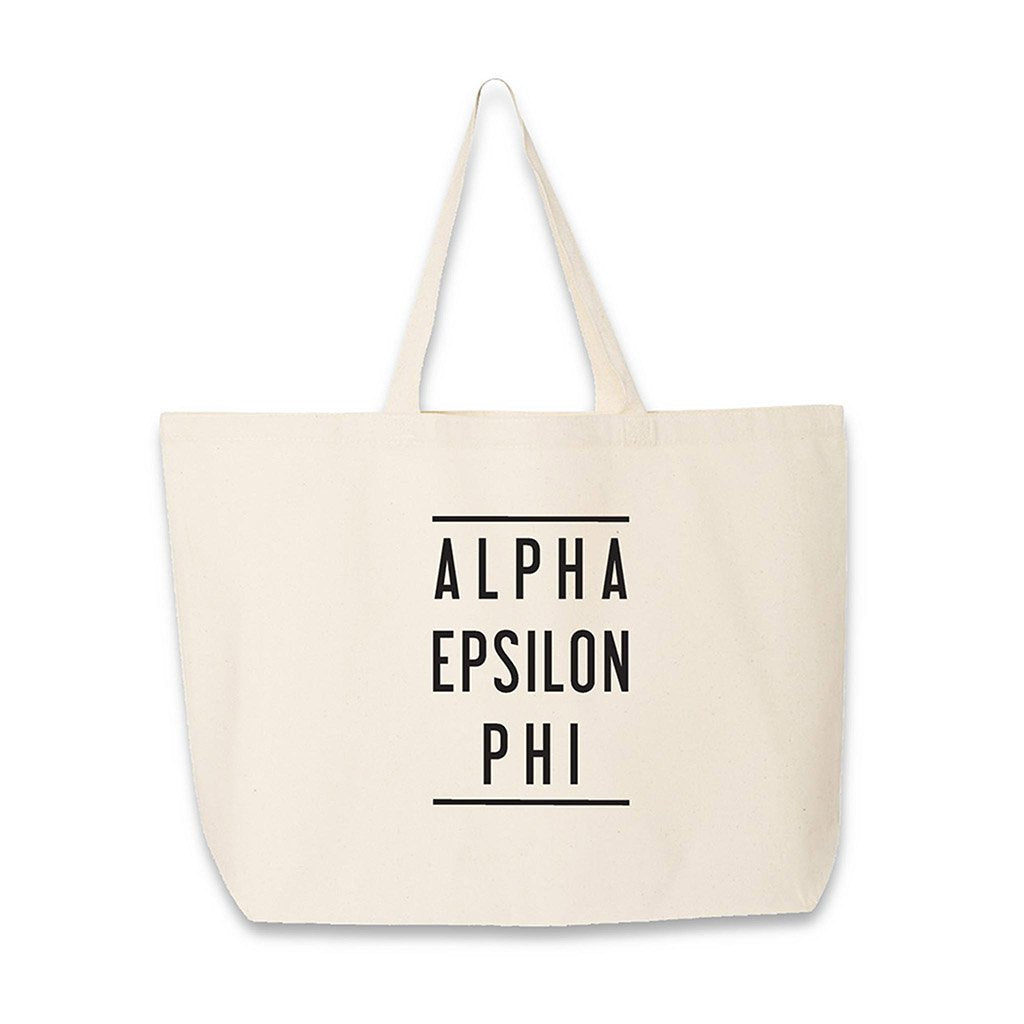 Sorority name in block capital letters with two lines on either side printed on canvas tote bag.