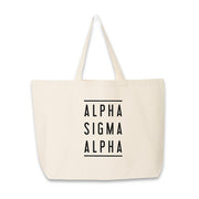 Sorority name in block capital letters with two lines on either side printed on canvas tote bag.