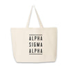 Sorority name in block capital letters with two lines on either side printed on canvas tote bag.