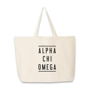 Sorority name in block capital letters with two lines on either side printed on canvas tote bag.