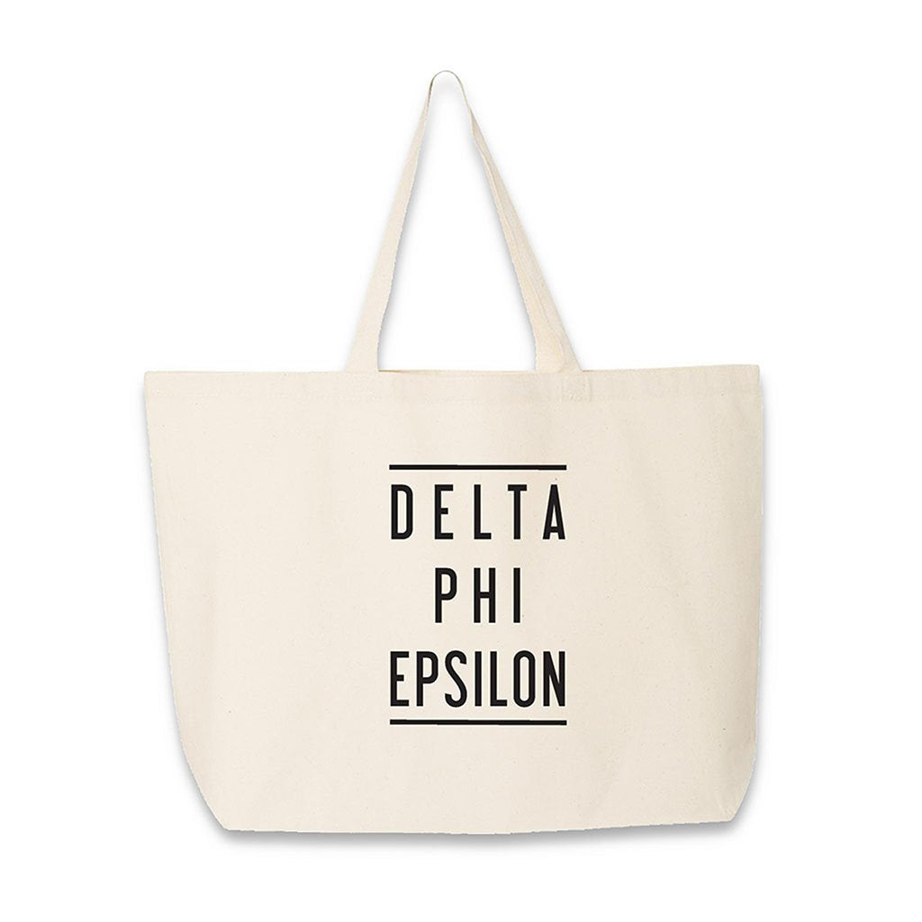 Sorority name in block capital letters with two lines on either side printed on canvas tote bag.