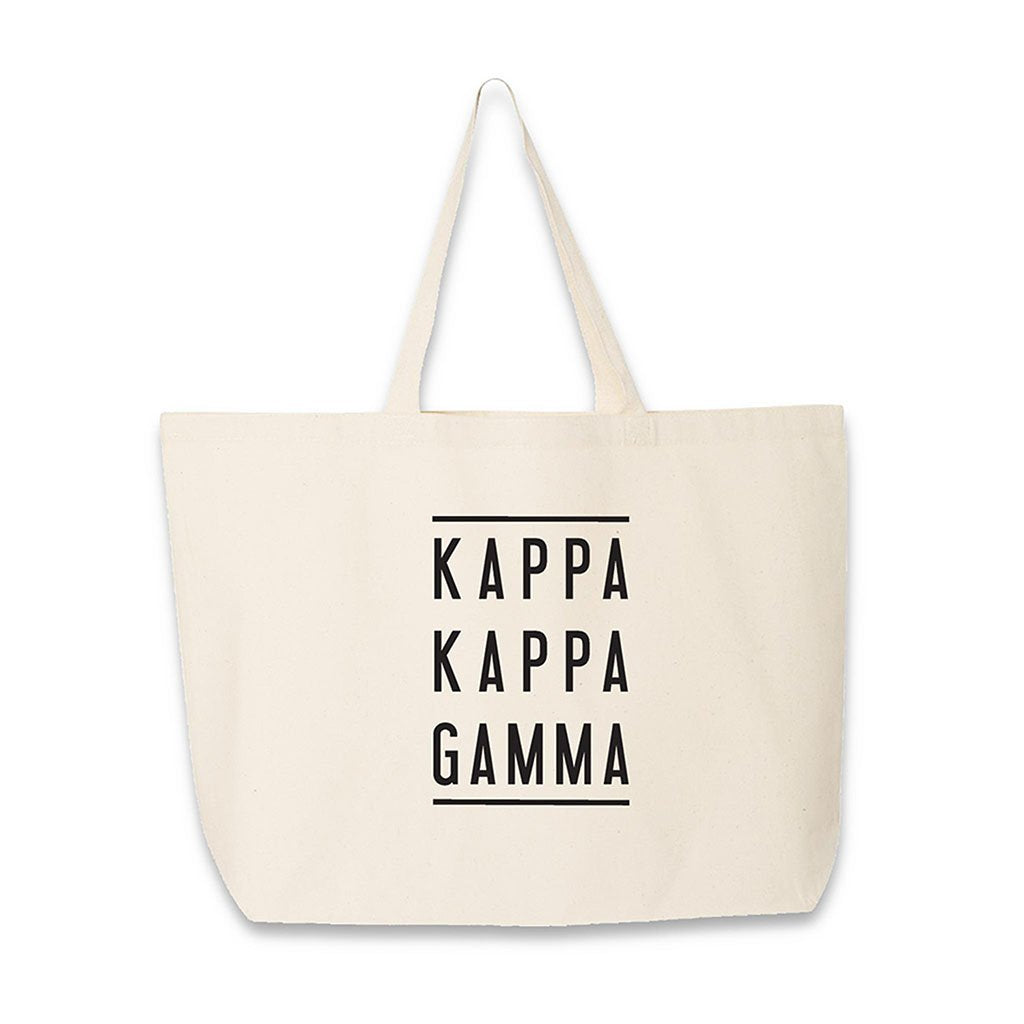 Sorority name in block capital letters with two lines on either side printed on canvas tote bag.