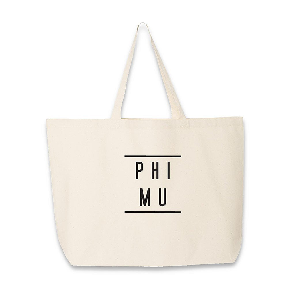 Phi Mu printed on a natural cotton canvas tote