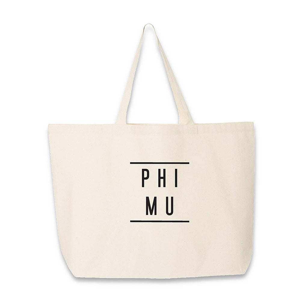 Sorority name in block capital letters with two lines on either side printed on canvas tote bag.