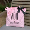 Alpha Omicron Pi sorority name and letters custom printed on pink canvas tote bag