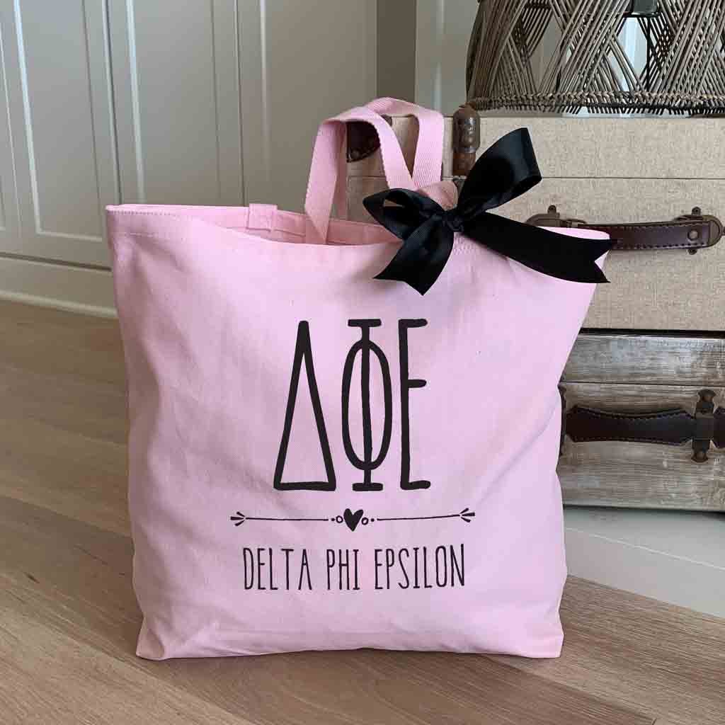 DPE custom printed on pink canvas tote bag with black bow