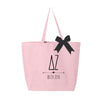 Delta Zeta sorority name custom printed on pink canvas tote bag with black bow