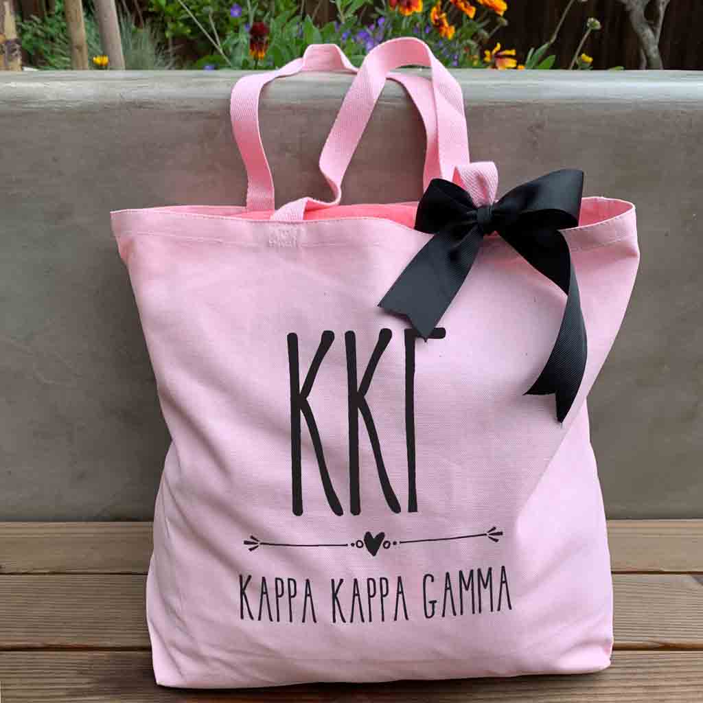 KKG sorority letters and name custom printed on pink canvas tote bag with bow