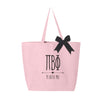 Pi Beta Phi sorority letters and name custom printed on pink canvas tote bag with black bow